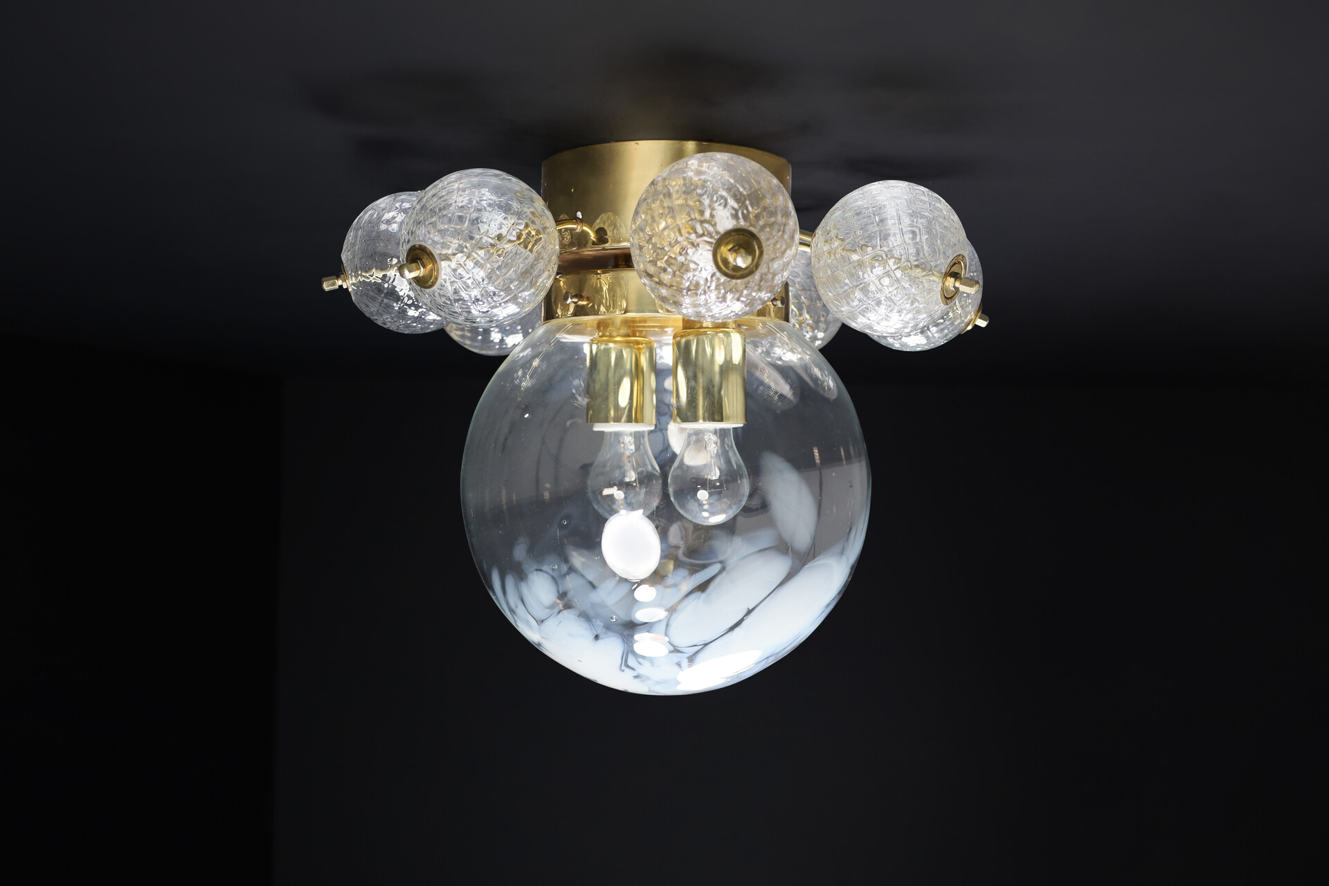 Large Midcentury Brass Ceiling Lamp-Chandelier with Handblown Art-Glass ,1960s