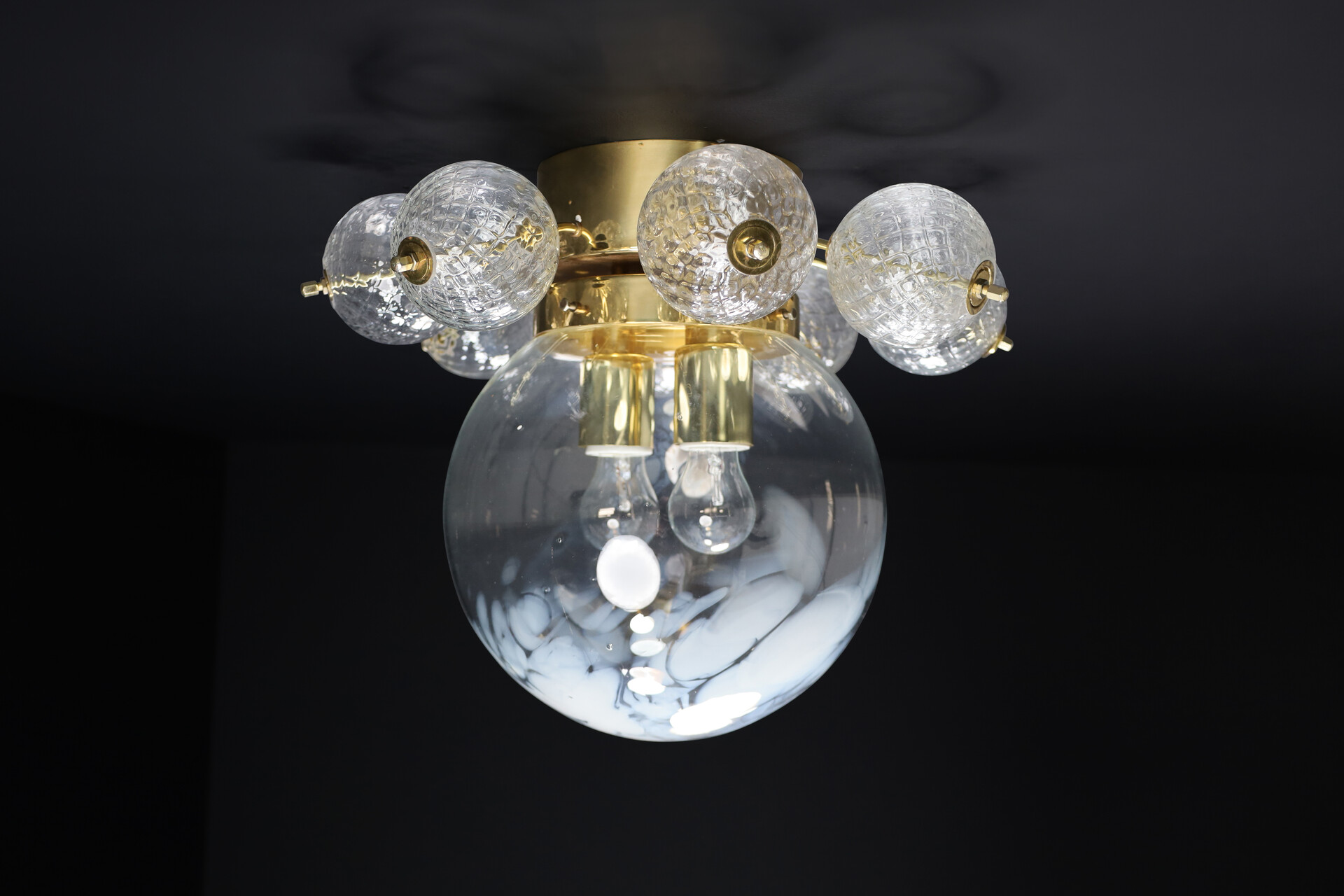 Large Midcentury Brass Ceiling Lamp-Chandelier with Handblown Art-Glass ,1960s