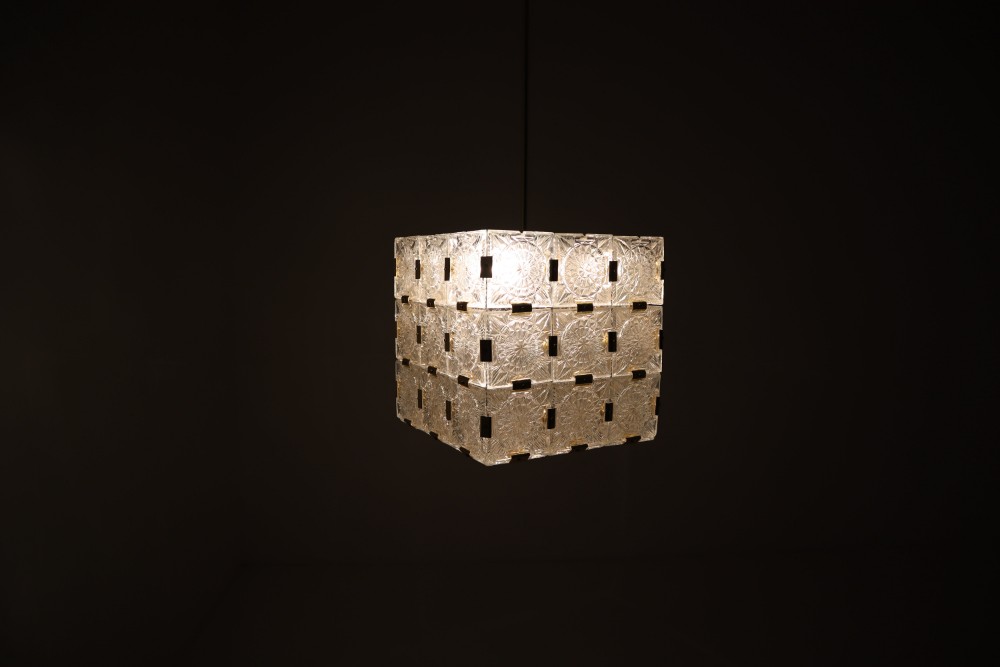 Large Midcentury Brass Chandelier with 36 Geometric Cut Crystal Glass, 1960