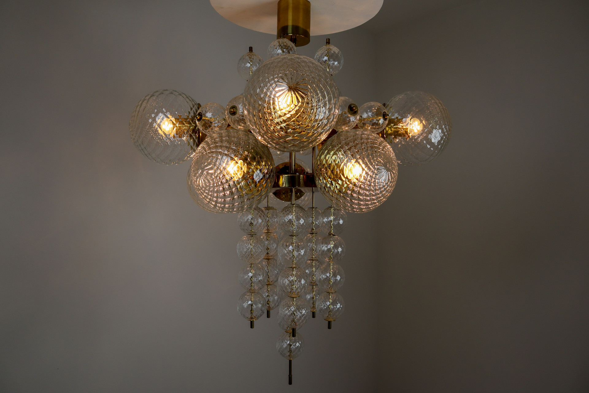 Large Midcentury Chandelier with Brass Fixture and Structured Glass Europe 1960s Mid-20th century