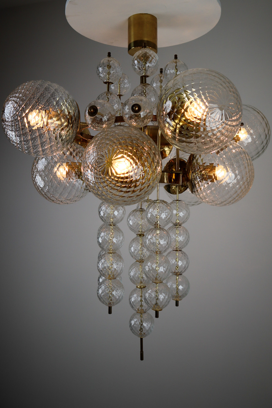 Large Midcentury Chandelier with Brass Fixture and Structured Glass Europe 1960s Mid-20th century