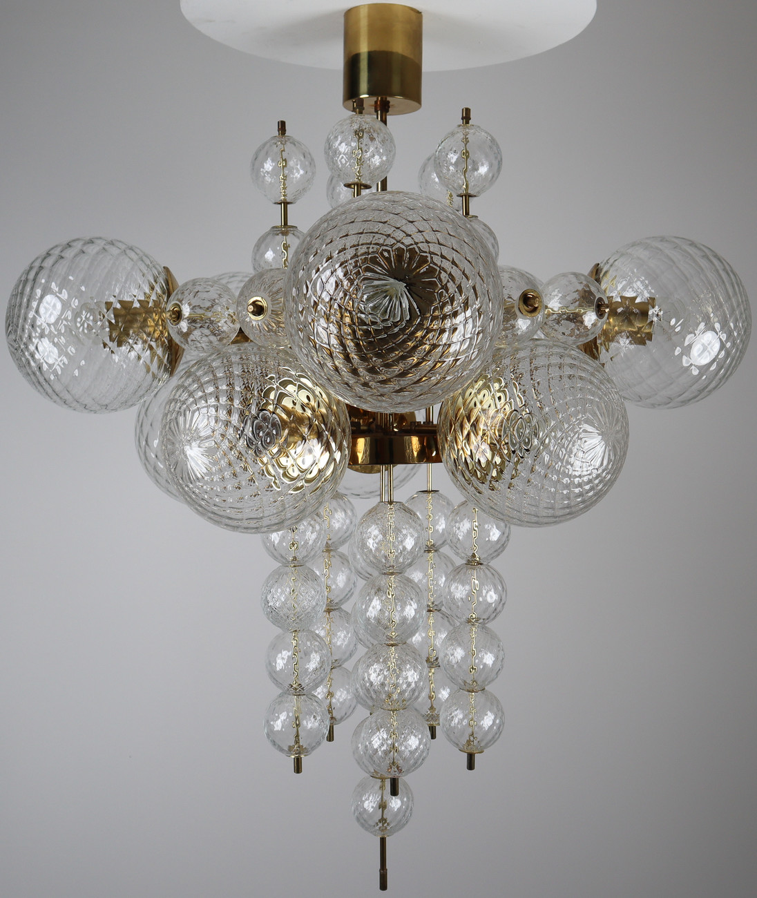Large Midcentury Chandelier with Brass Fixture and Structured Glass Europe 1960s Mid-20th century