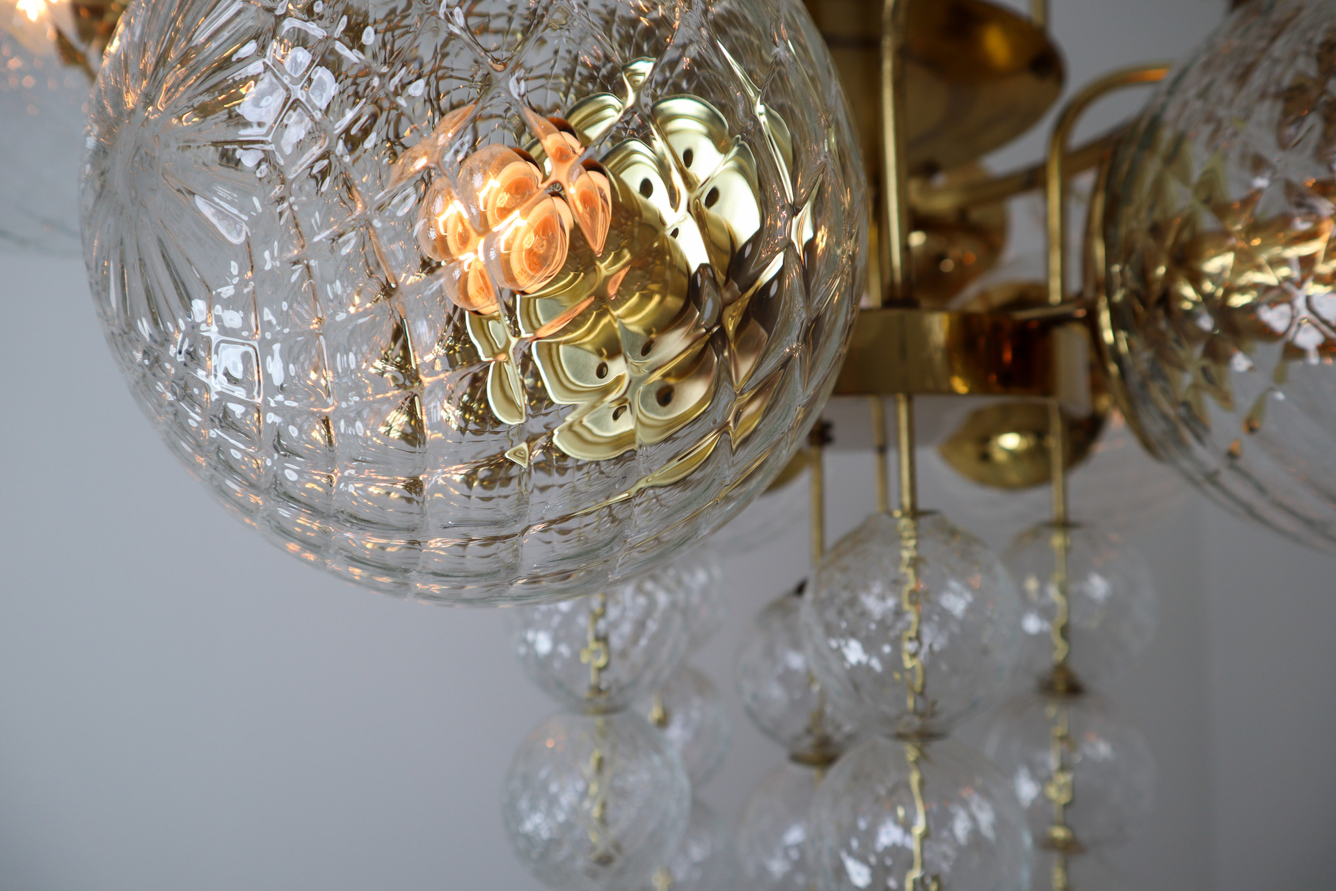 Large Midcentury Chandelier with Brass Fixture and Structured Glass Europe 1960s Mid-20th century