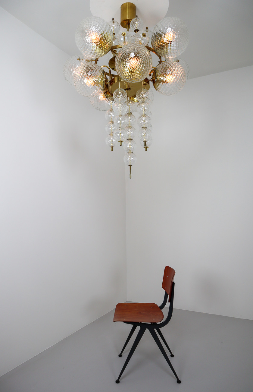 Large Midcentury Chandelier with Brass Fixture and Structured Glass Europe 1960s Mid-20th century