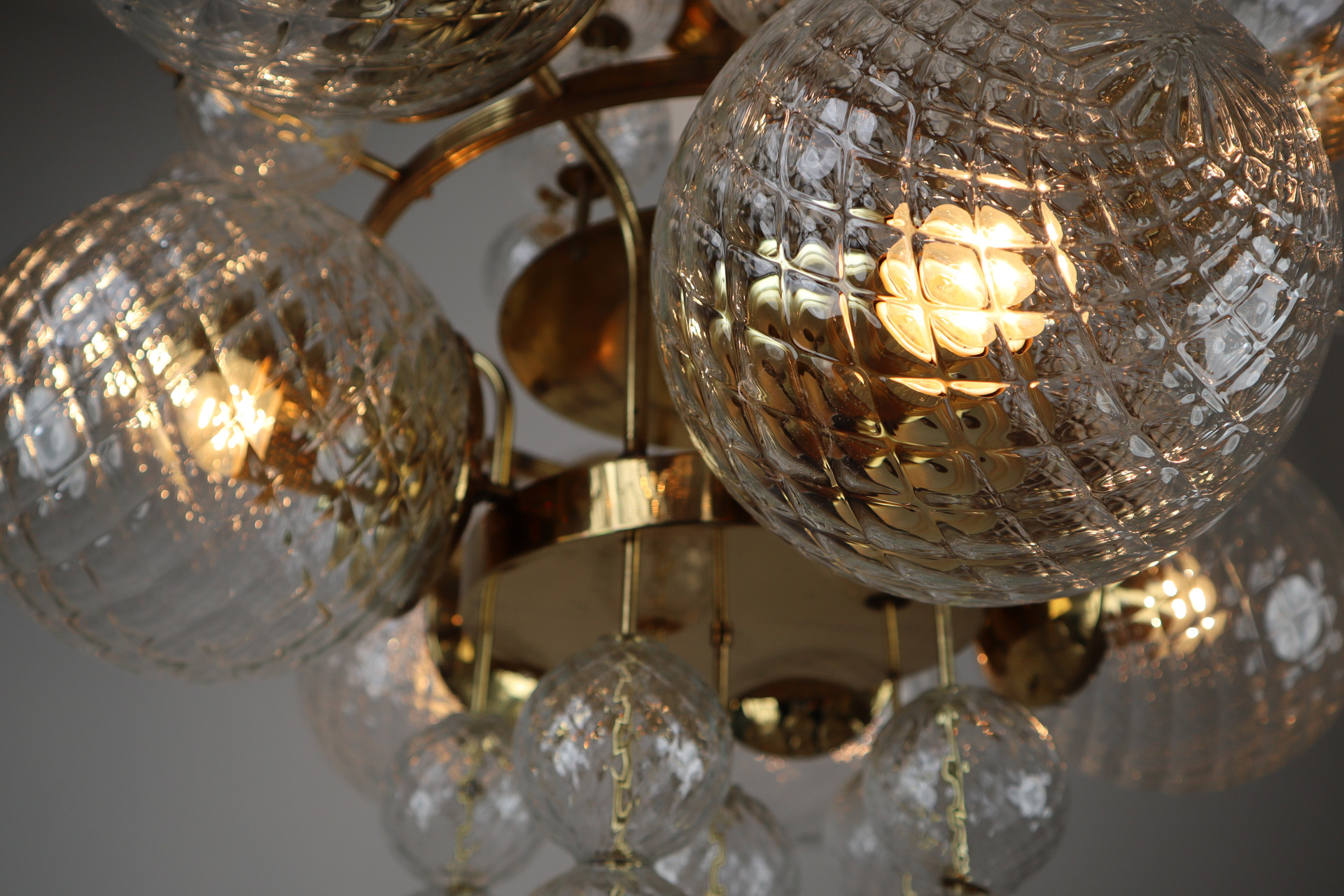 Large Midcentury Chandelier with Brass Fixture and Structured Glass Europe 1960s Mid-20th century