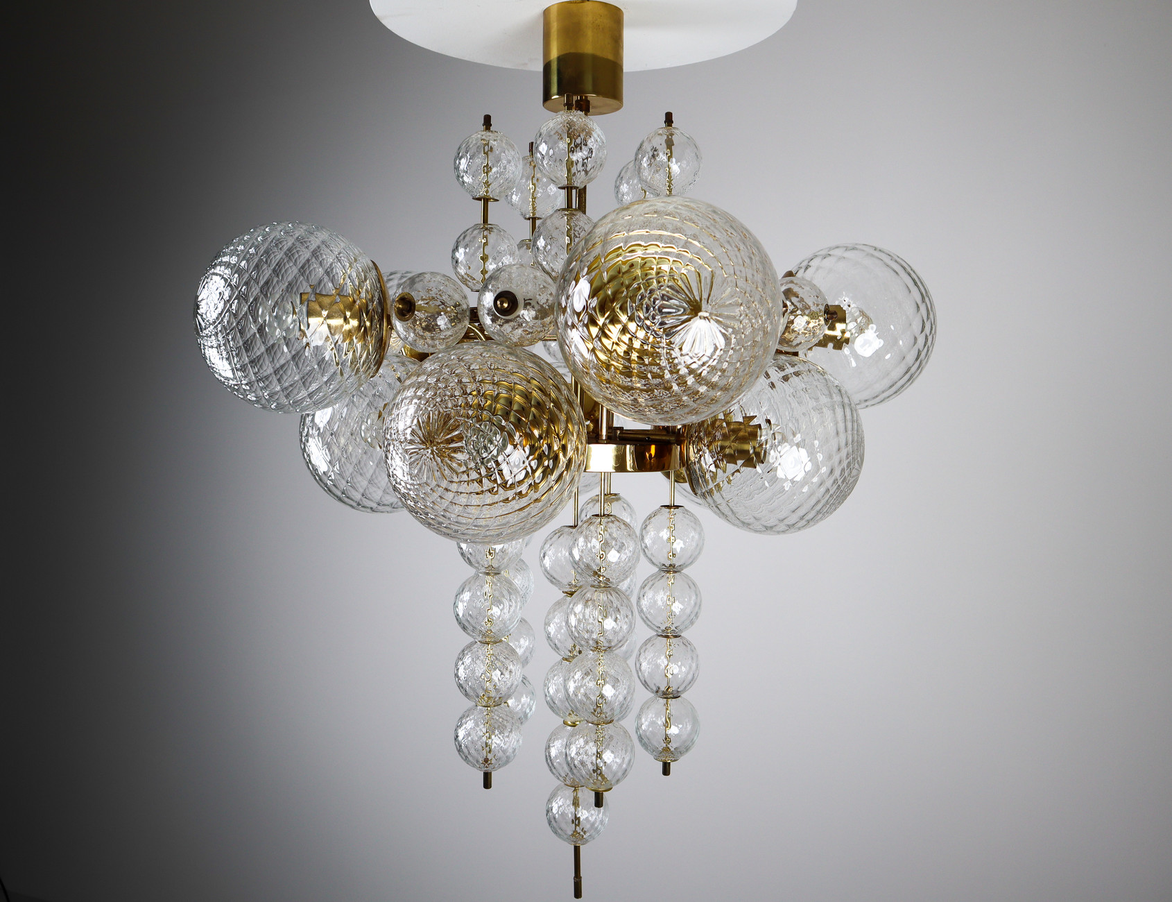 Large Midcentury Chandelier with Brass Fixture and Structured Glass Europe 1960s Mid-20th century