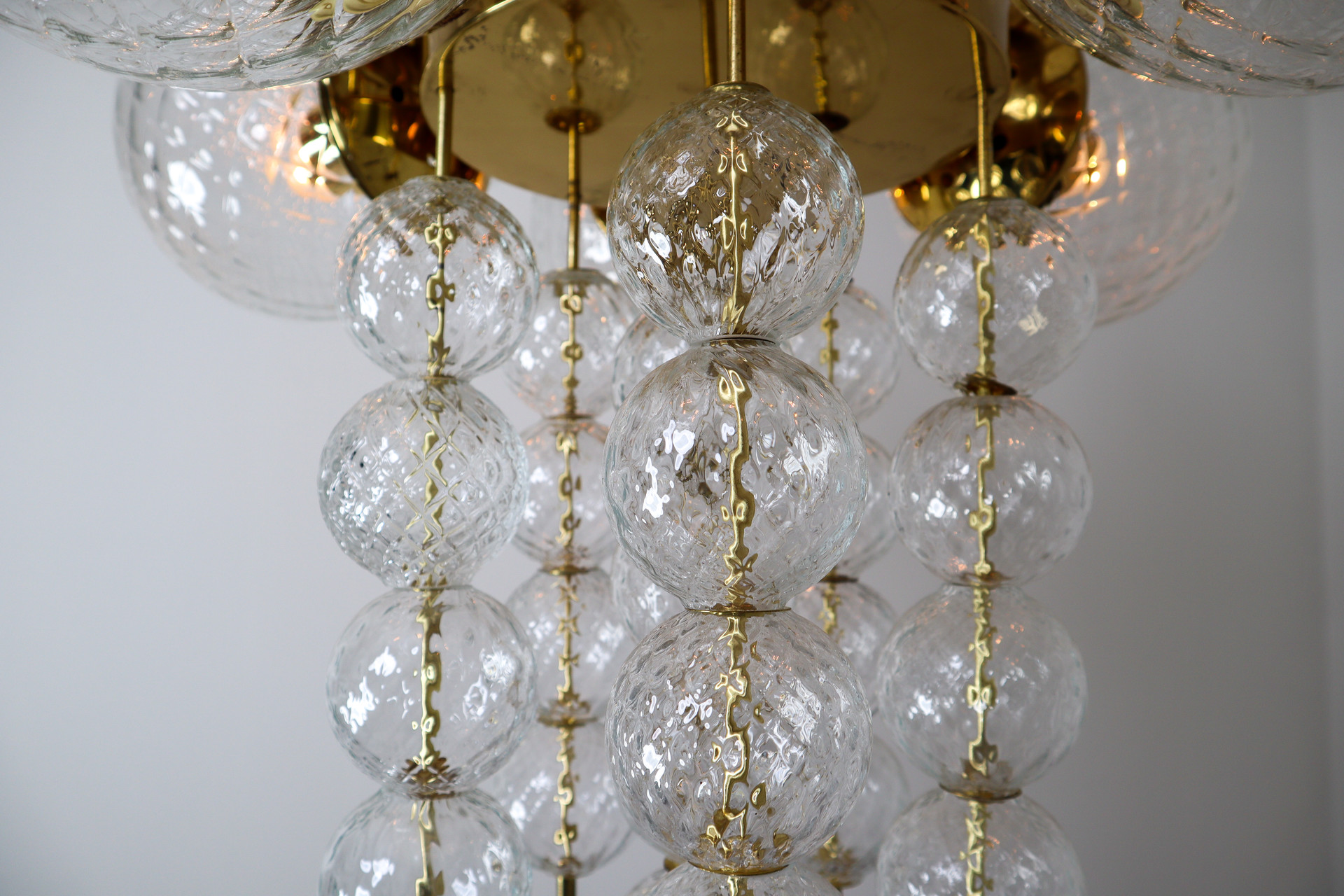 Large Midcentury Chandelier with Brass Fixture and Structured Glass Europe 1960s Mid-20th century