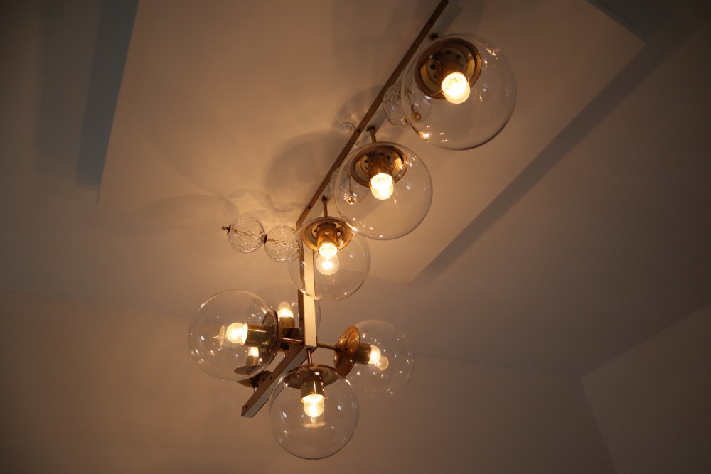  Large Midcentury Hotel Light Fixture in Brass and Hand Blown Glass Europe, 1970s 