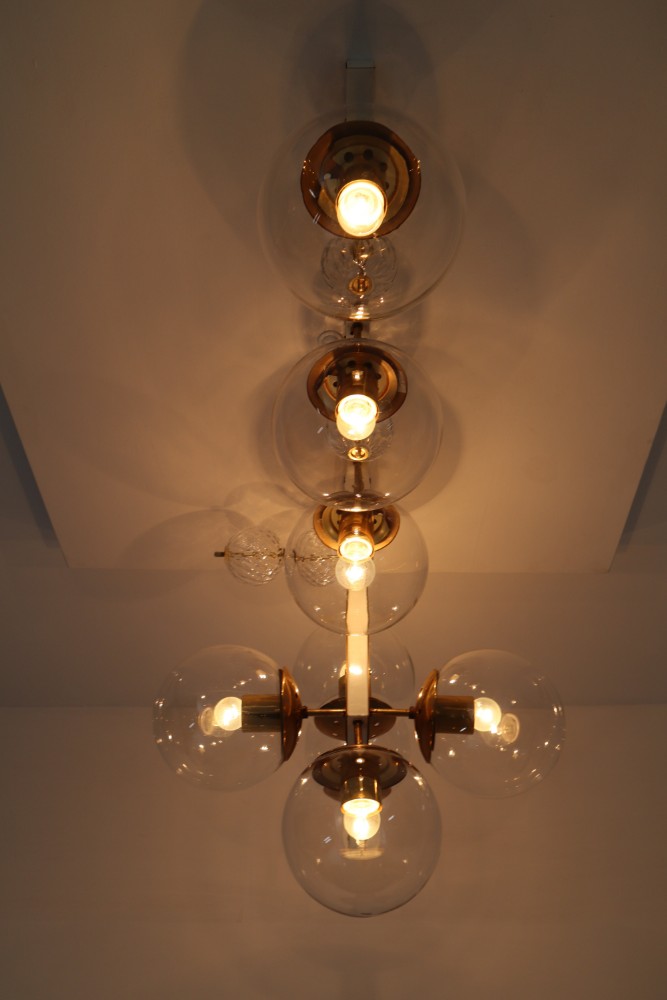 Large Midcentury Hotel Light Fixture in Brass and Hand Blown Glass Europe, 1970s 