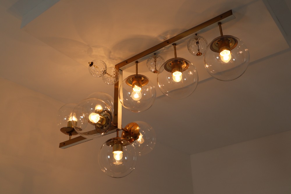  Large Midcentury Hotel Light Fixture in Brass and Hand Blown Glass Europe, 1970s 