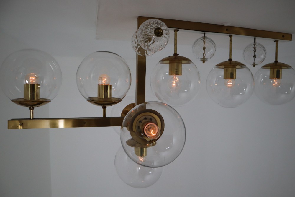  Large Midcentury Hotel Light Fixture in Brass and Hand Blown Glass Europe, 1970s 