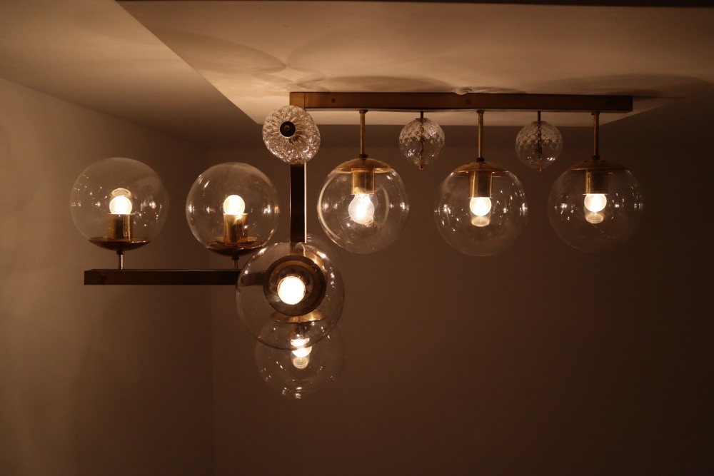  Large Midcentury Hotel Light Fixture in Brass and Hand Blown Glass Europe, 1970s 