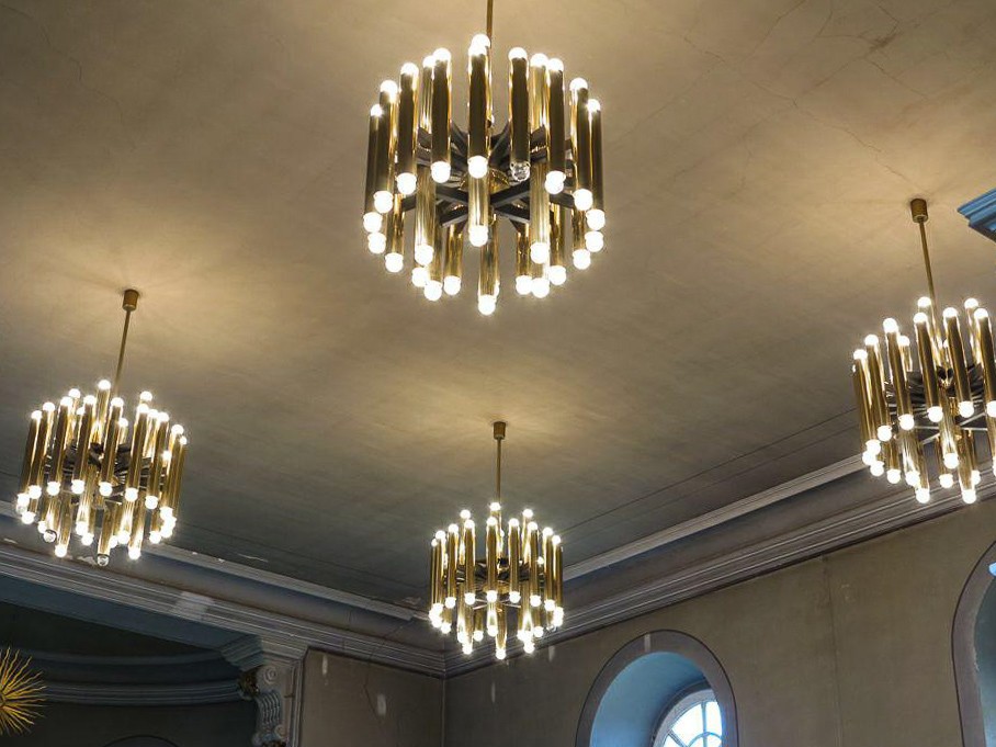 Large Midcentury Modernist Steel chandelier with 48 light bulbs, Berlin 1960s Mid-20th century