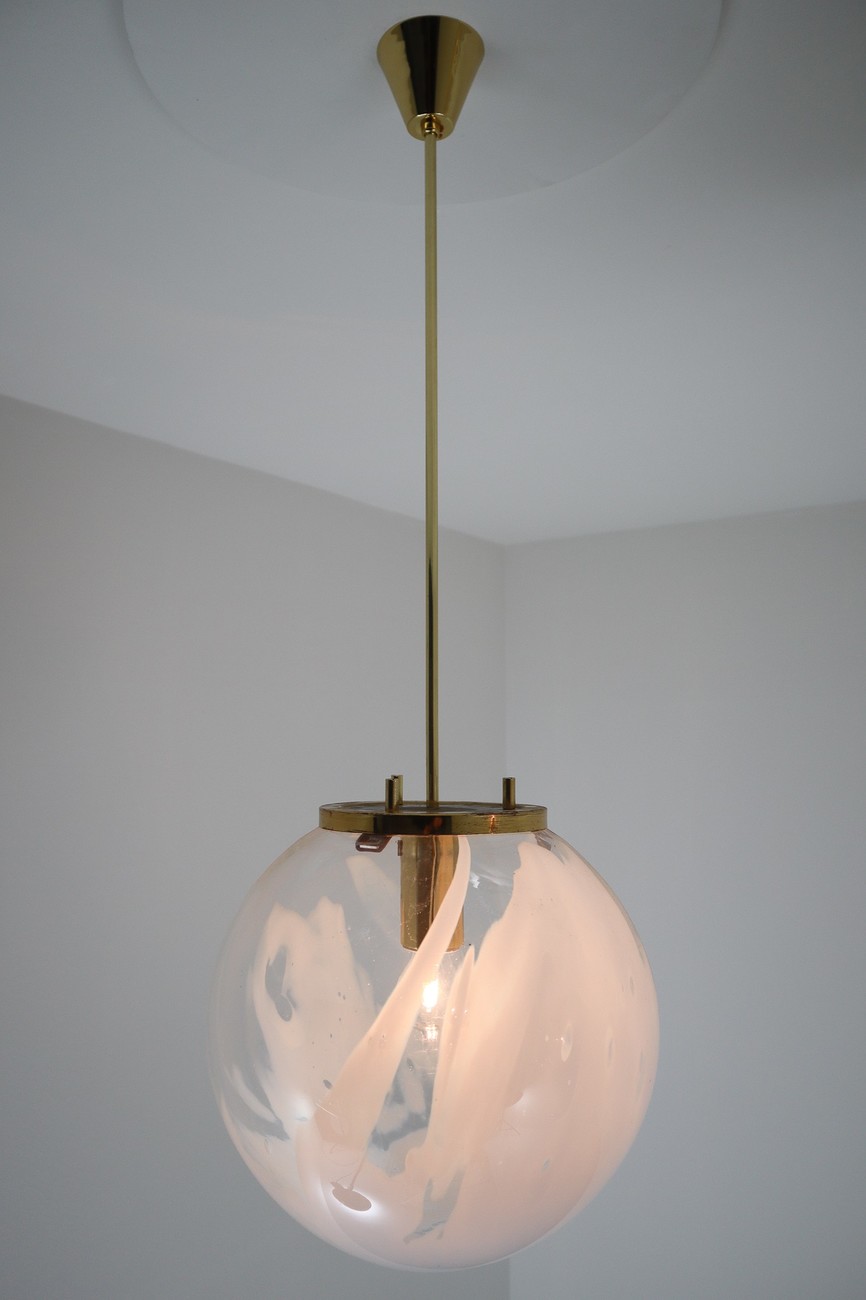 Large Midcentury Pendants in Brass and Art-Glass with White Streaks Austria 1960
