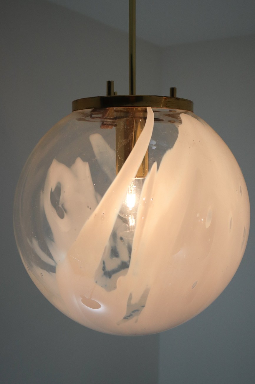  Large Midcentury Pendants in Brass and Art-Glass with White Streaks Austria 1960