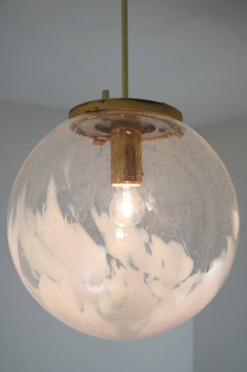  Large Midcentury Pendants in Brass and Art-Glass with White Streaks Austria 1960