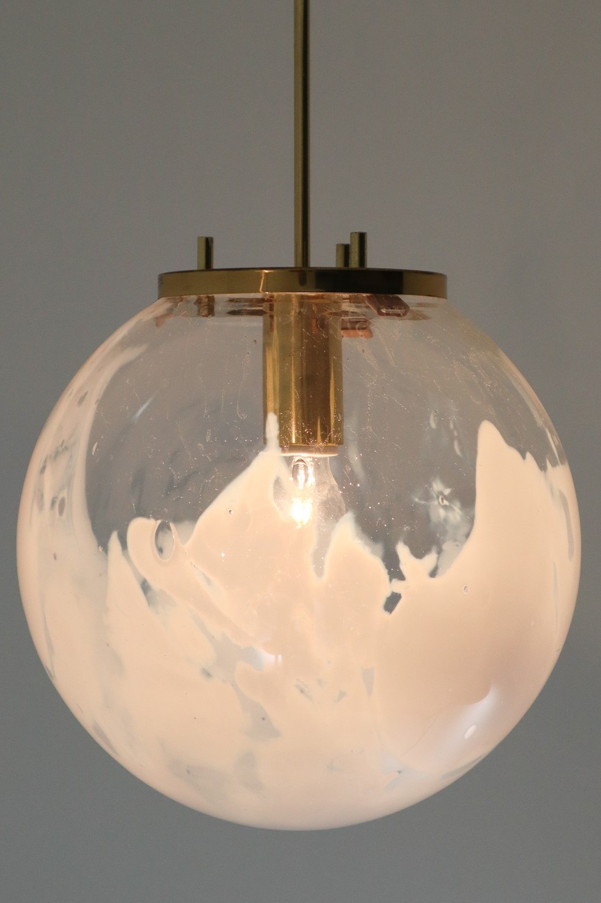  Large Midcentury Pendants in Brass and Art-Glass with White Streaks Austria 1960