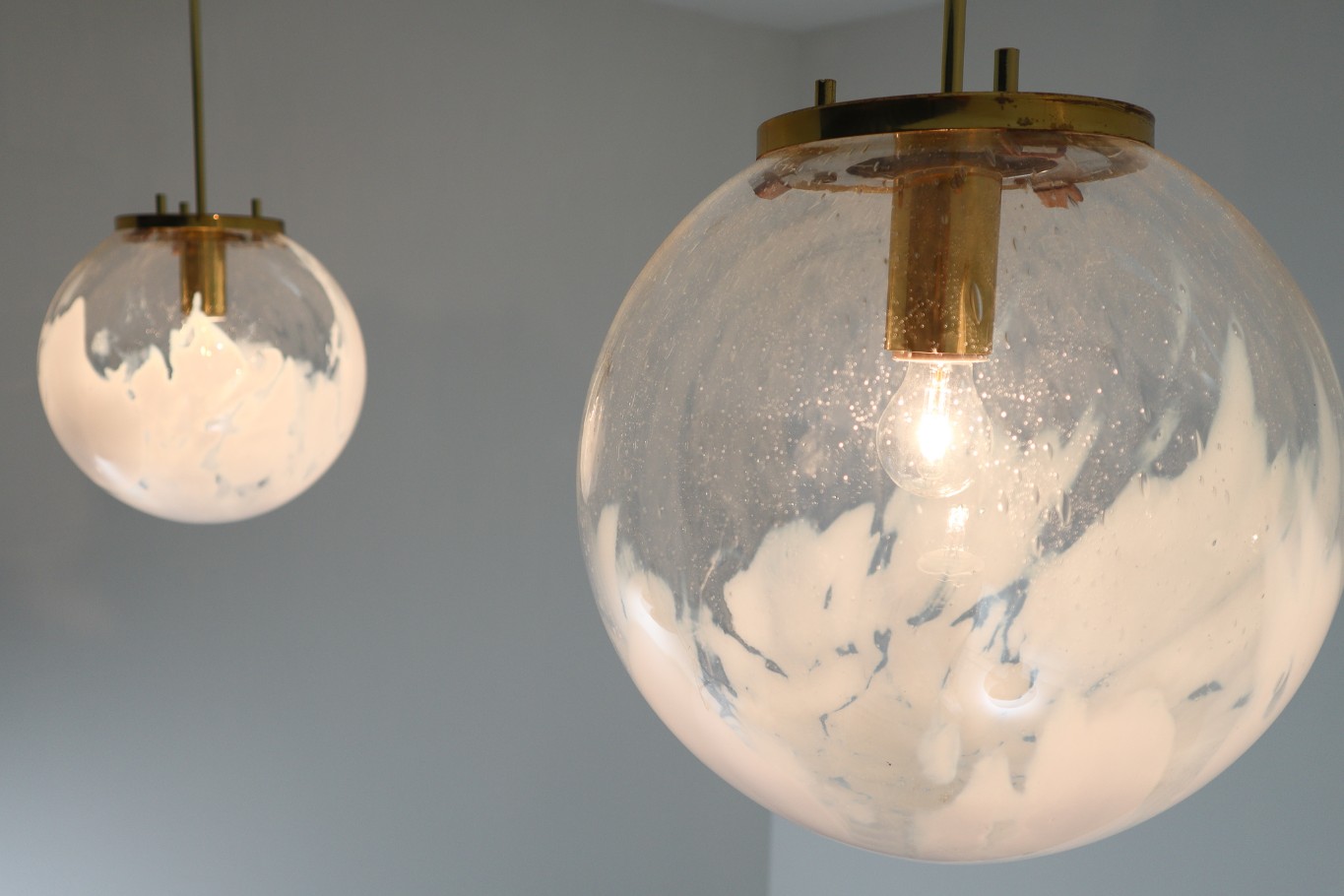  Large Midcentury Pendants in Brass and Art-Glass with White Streaks Austria 1960