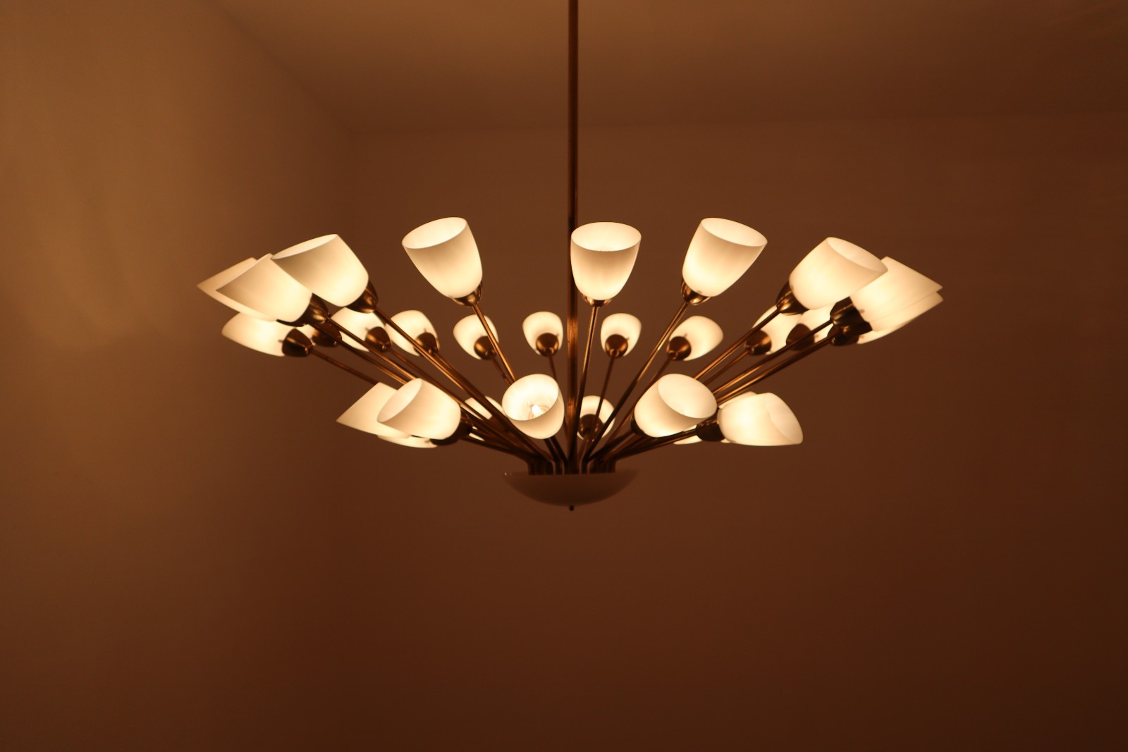 Large Midcentury Spider Form Sputnik Chandelier in Brass and 30 Glass Shades.