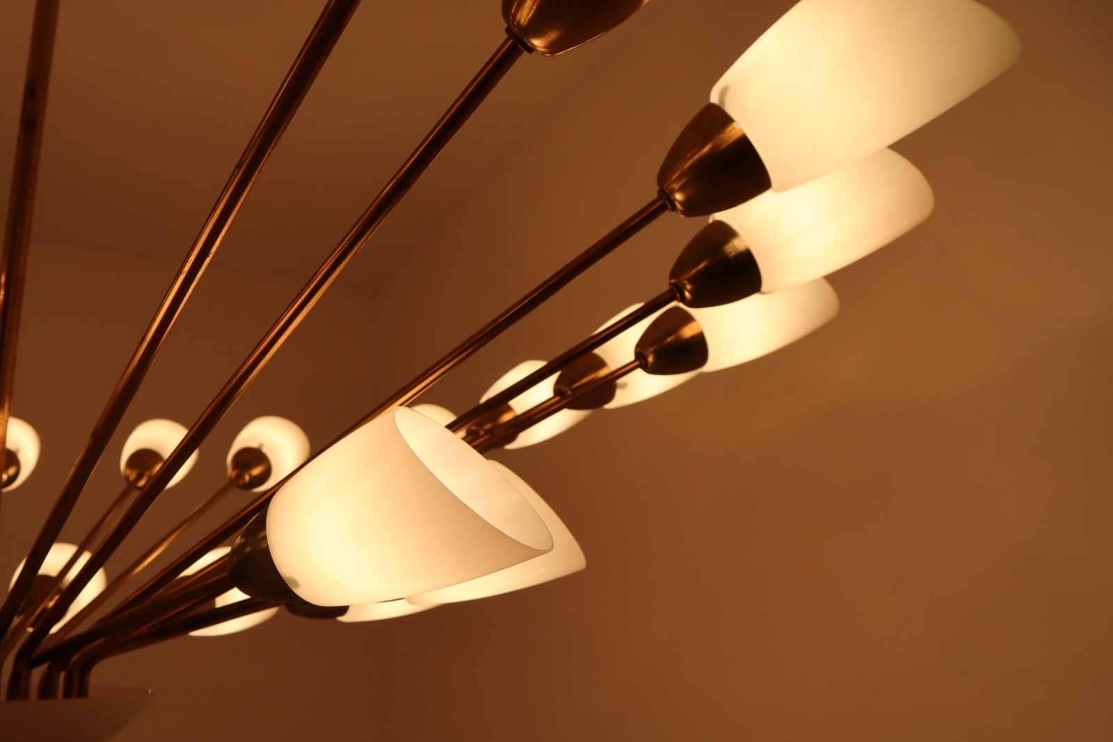 Large Midcentury Spider Form Sputnik Chandelier in Brass and 30 Glass Shades.