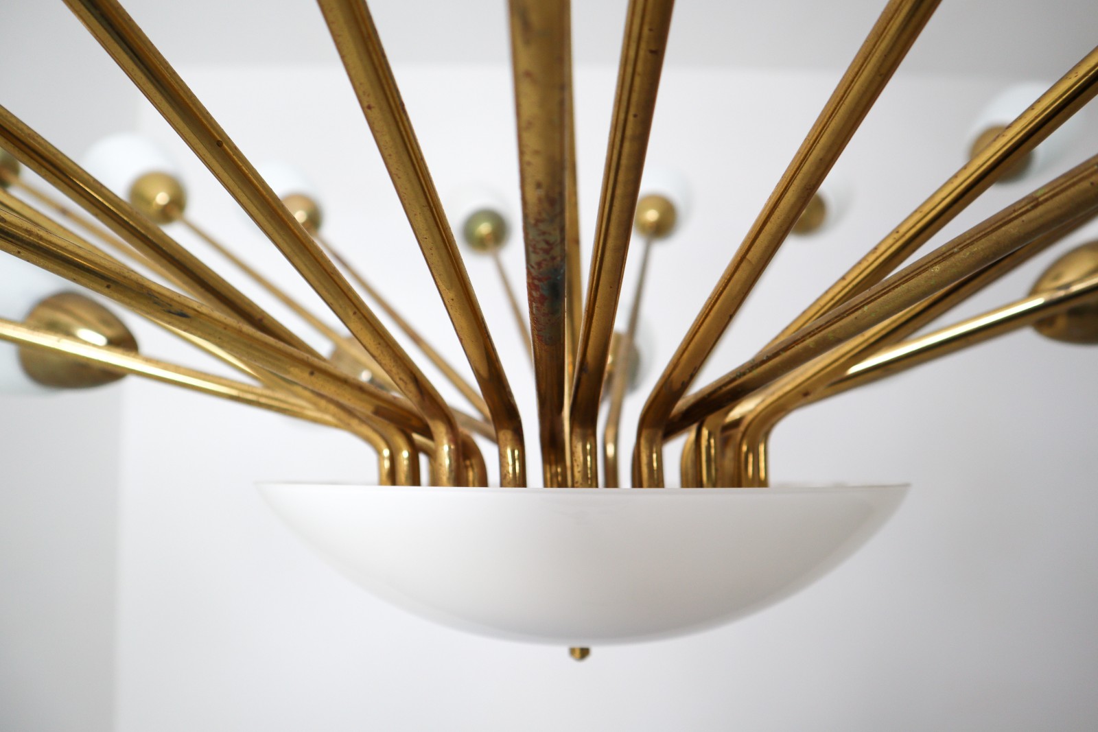 Large Midcentury Spider Form Sputnik Chandelier in Brass and 30 Glass Shades.