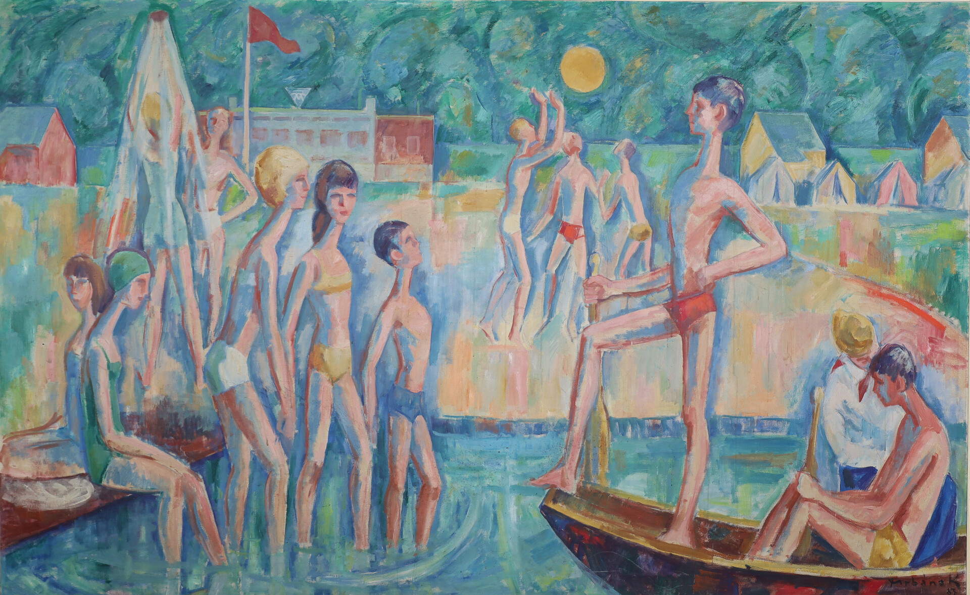 Large Modernist Oil Painting ‘Bathing Scene’ Signed Urbanek, 1963 Mid-20th century