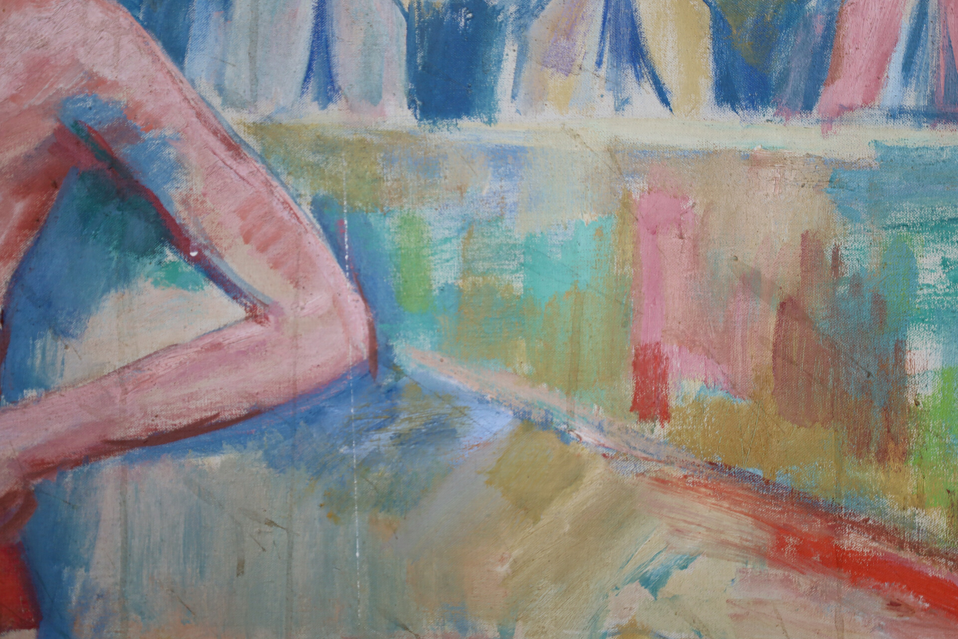 Large Modernist Oil Painting ‘Bathing Scene’ Signed Urbanek, 1963 Mid-20th century