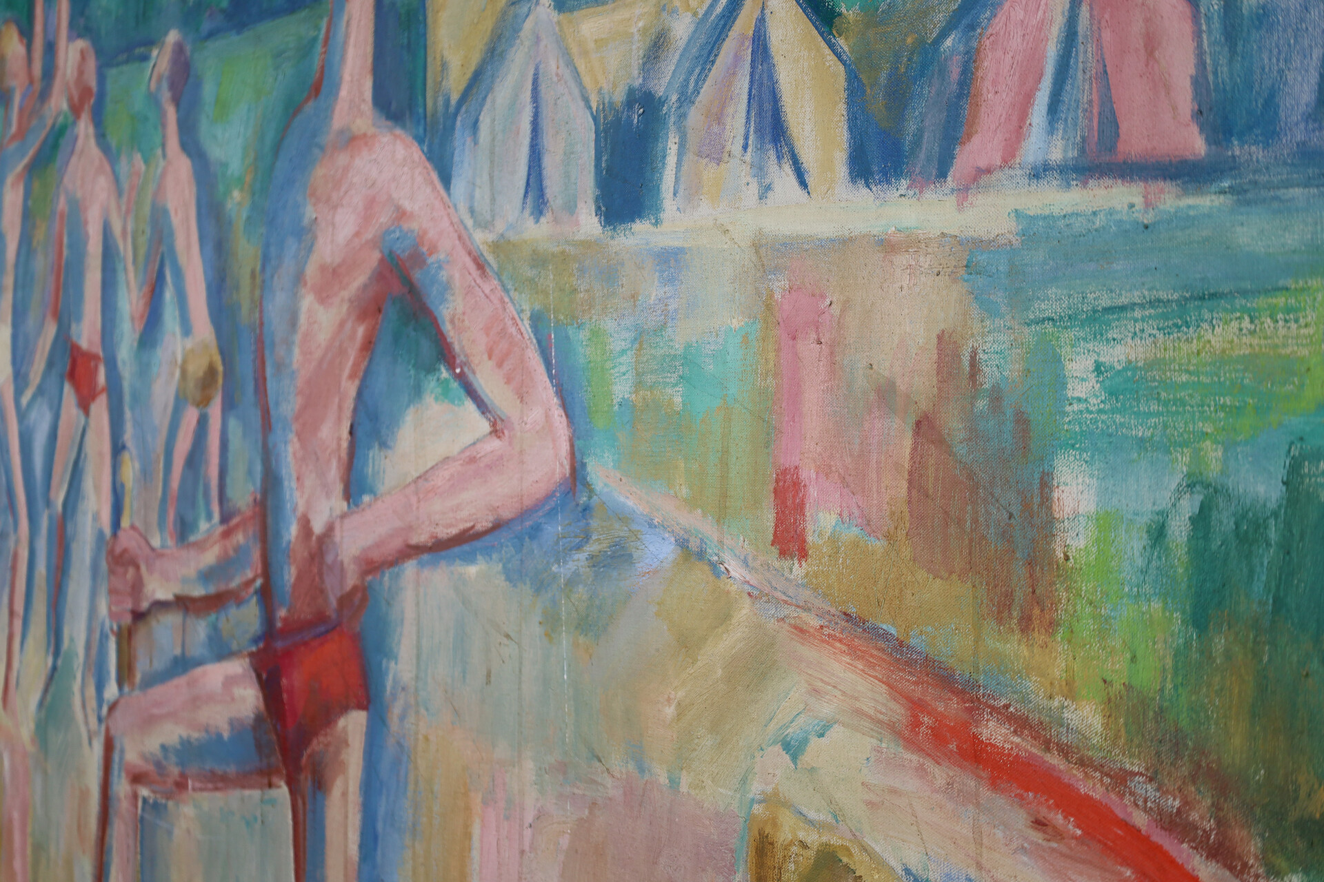 Large Modernist Oil Painting ‘Bathing Scene’ Signed Urbanek, 1963 Mid-20th century