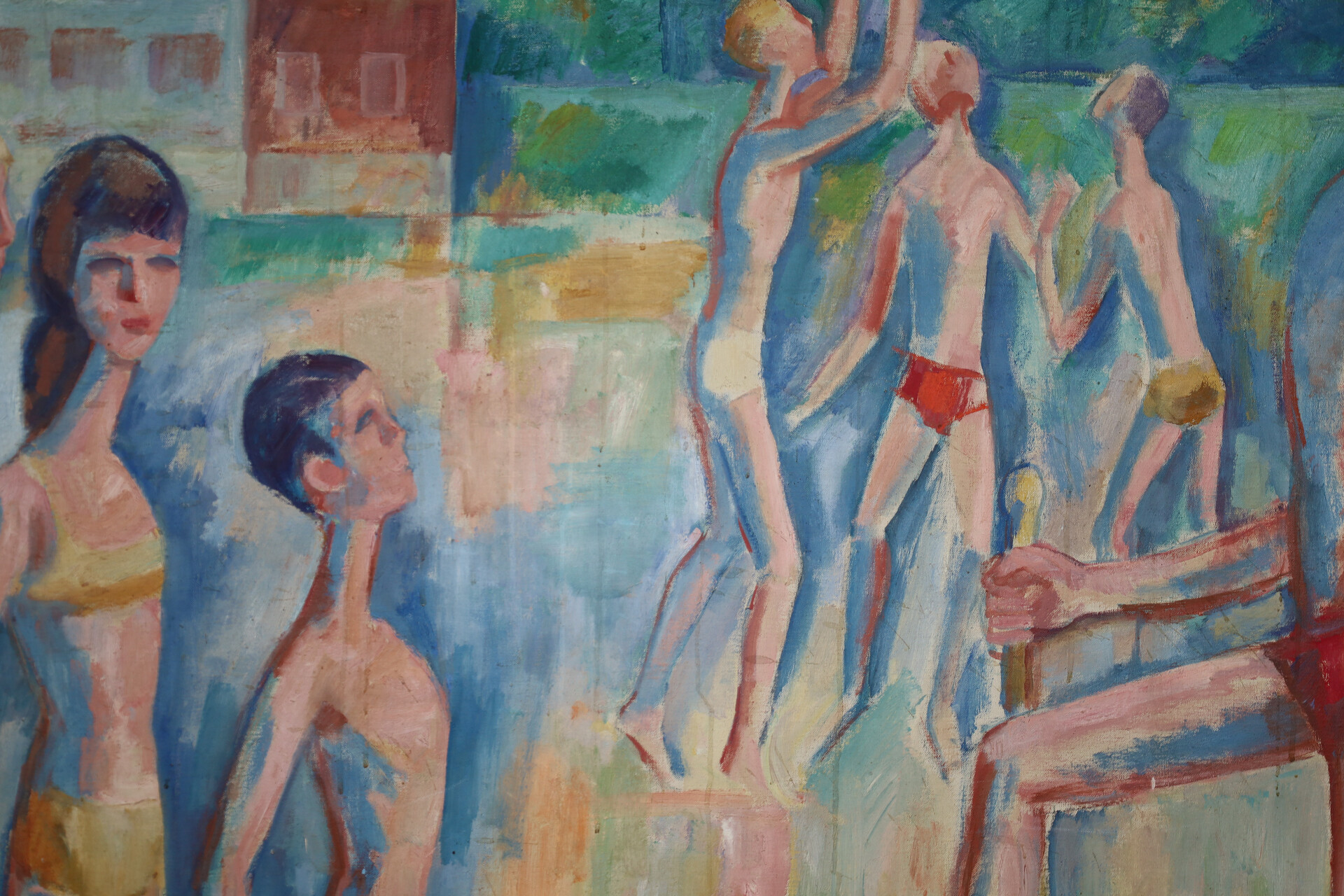 Large Modernist Oil Painting ‘Bathing Scene’ Signed Urbanek, 1963 Mid-20th century