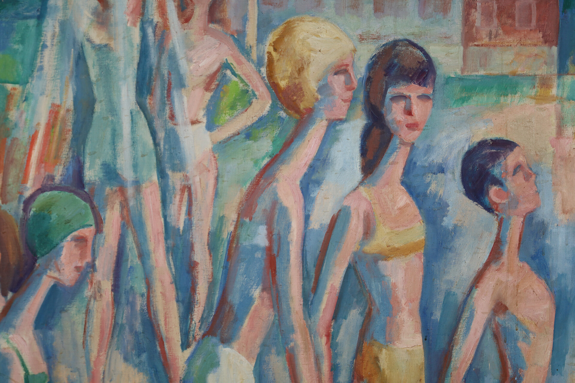 Large Modernist Oil Painting ‘Bathing Scene’ Signed Urbanek, 1963 Mid-20th century