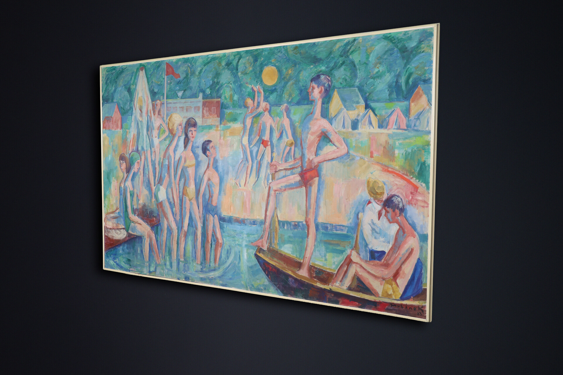 Large Modernist Oil Painting ‘Bathing Scene’ Signed Urbanek, 1963 Mid-20th century