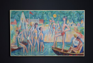 Large Modernist Oil Painting ‘Bathing Scene’ Signed Urbanek, 1963 Mid-20th century