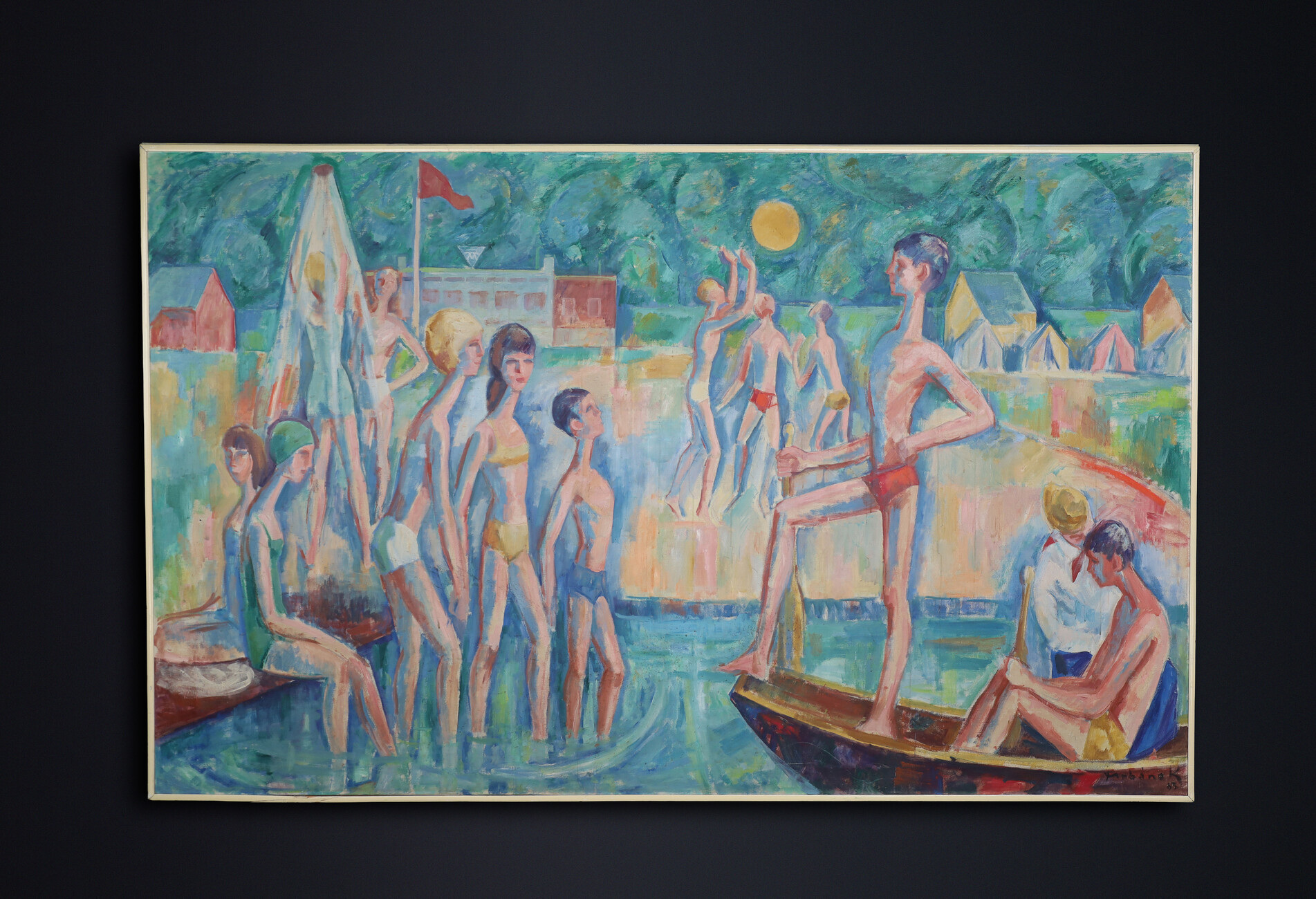 Large Modernist Oil Painting ‘Bathing Scene’ Signed Urbanek, 1963 Mid-20th century