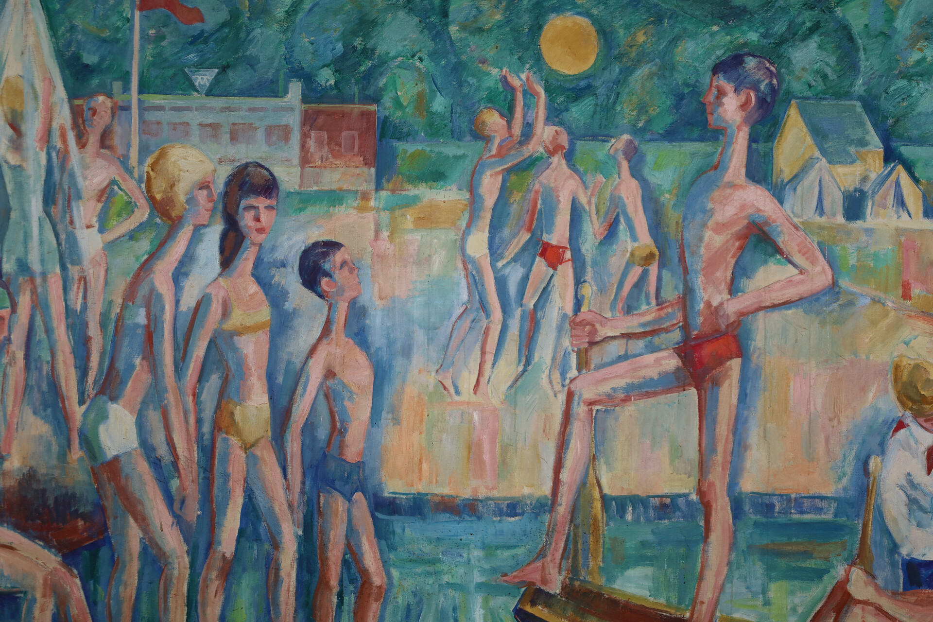 Large Modernist Oil Painting ‘Bathing Scene’ Signed Urbanek, 1963 Mid-20th century