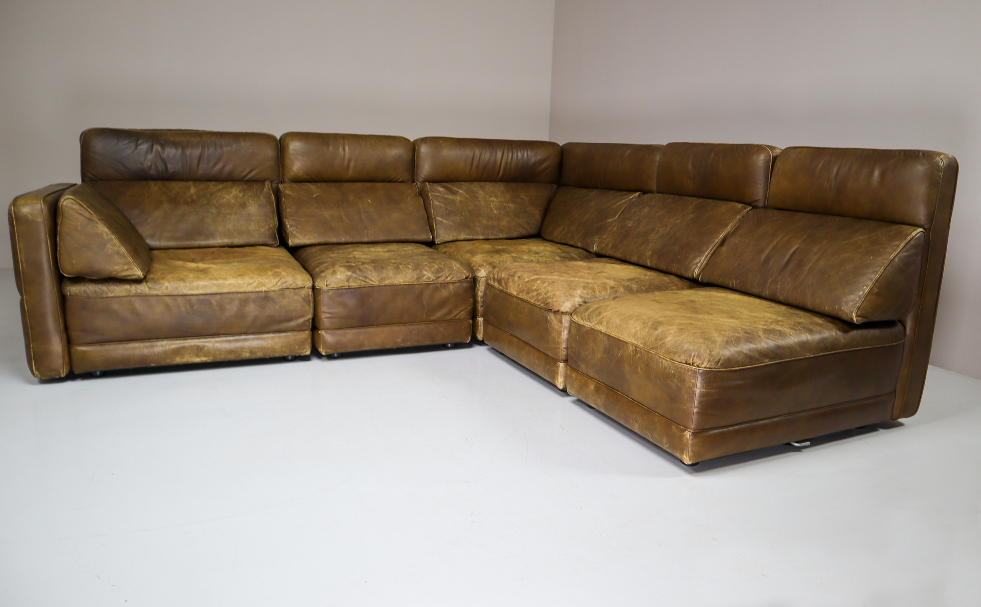 Large Modular Sectional Sofa in patinated green Leather by Walter Knoll, 1970s Mid-20th century