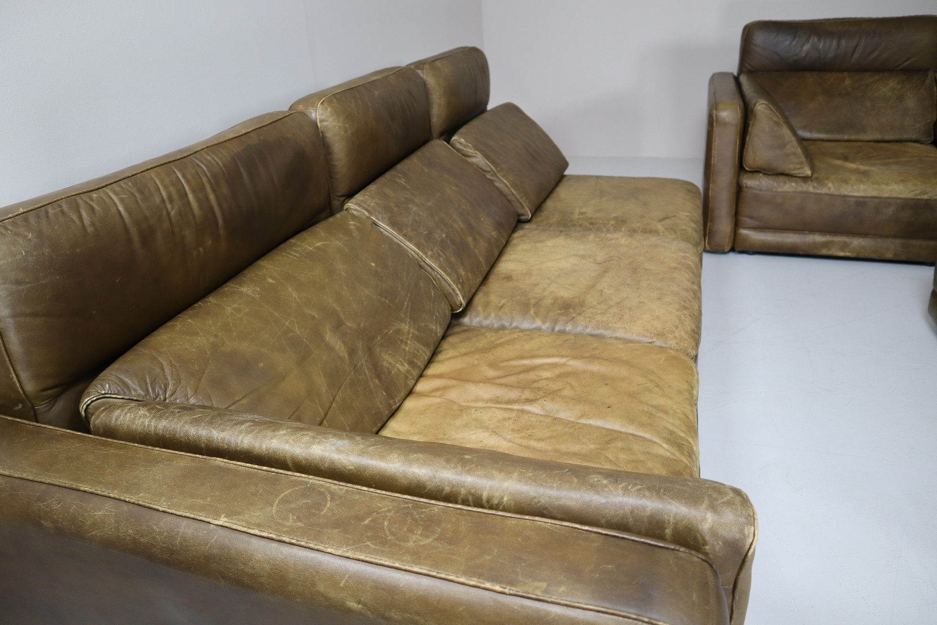 Large Modular Sectional Sofa in patinated green Leather by Walter Knoll, 1970s Mid-20th century