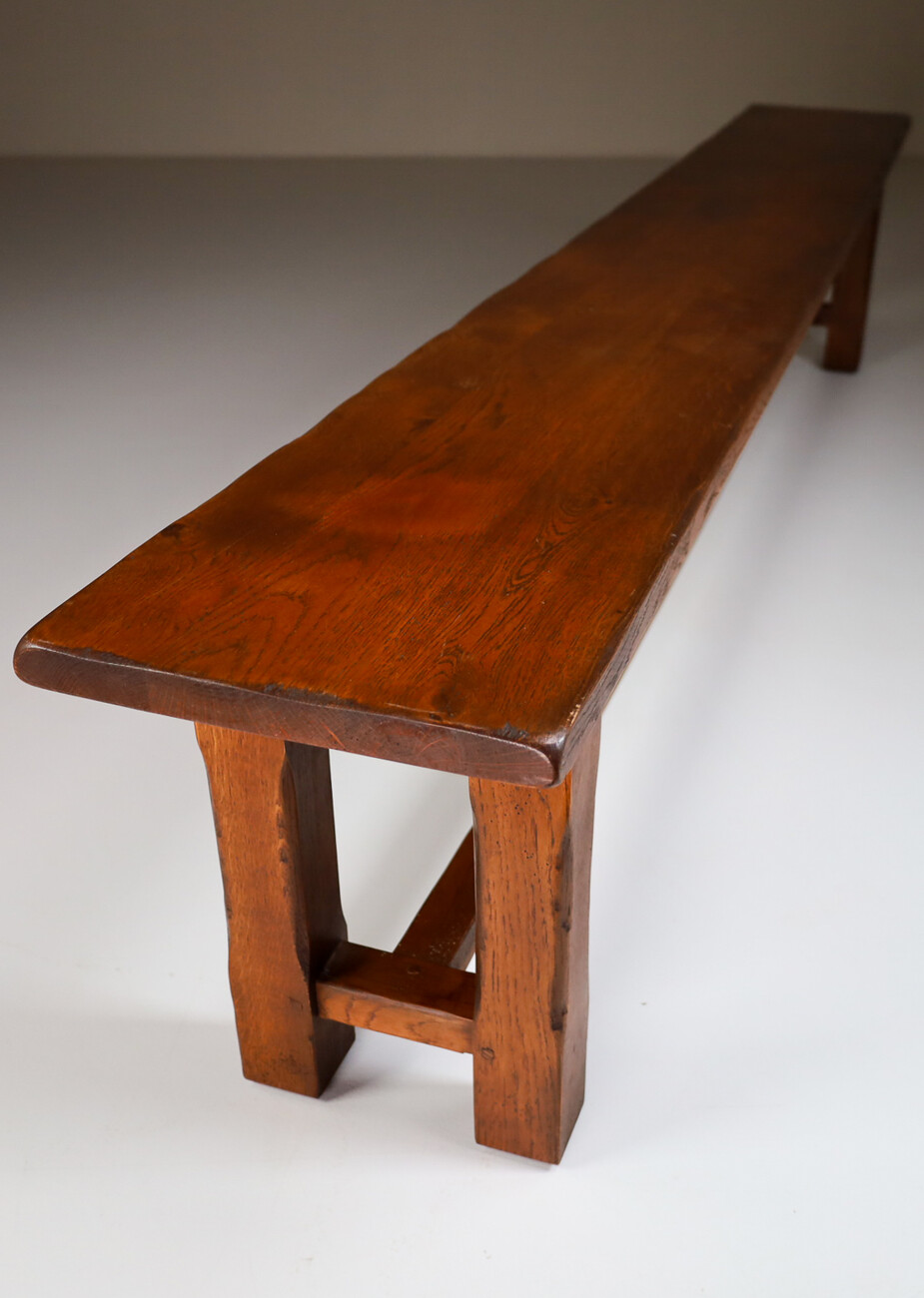 Large primitive solid oak bench, France 1950s Mid-20th century