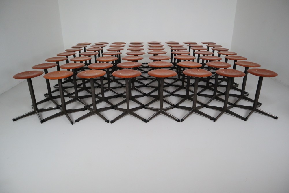 Large set of 60 x  Vintage Dutch Atelier stools in teak plywood The Netherslands 1970s Late-20th century