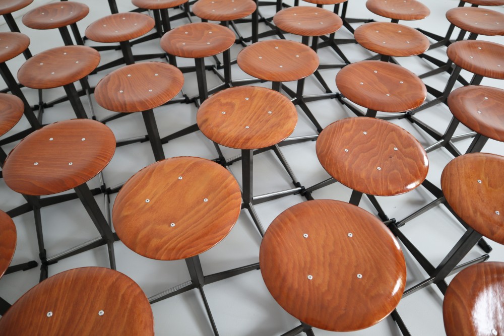 Large set of 60 x  Vintage Dutch Atelier stools in teak plywood The Netherslands 1970s Late-20th century