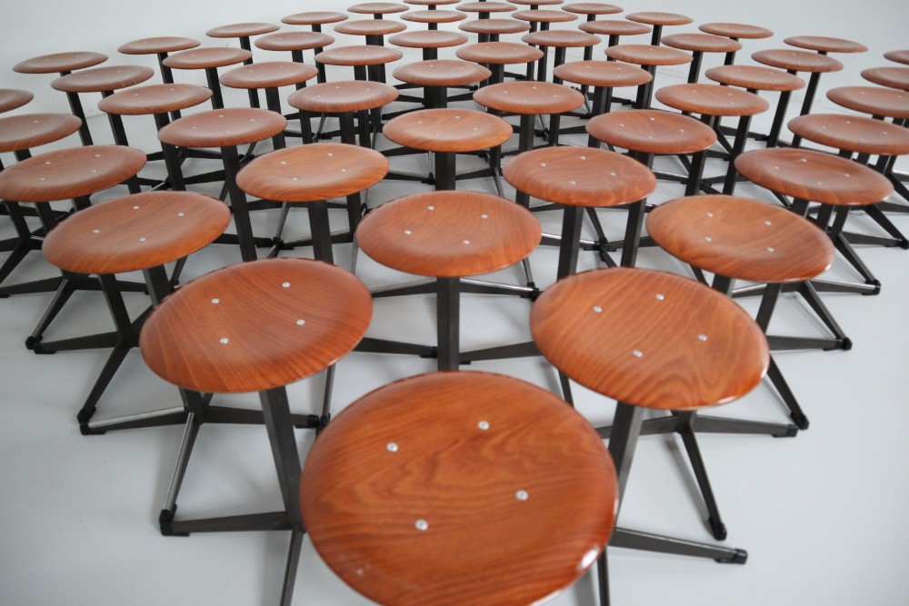 Large set of 60 x  Vintage Dutch Atelier stools in teak plywood The Netherslands 1970s Late-20th century
