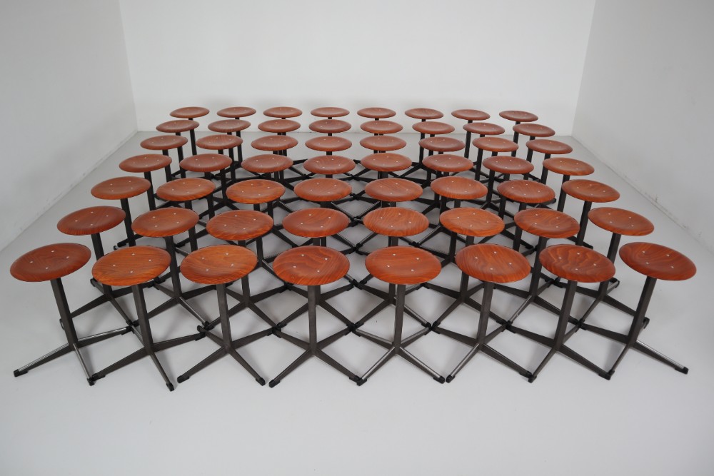 Large set of 60 x  Vintage Dutch Atelier stools in teak plywood The Netherslands 1970s Late-20th century