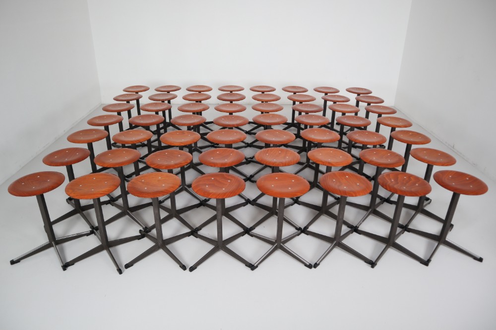 Large set of 60 x  Vintage Dutch Atelier stools in teak plywood The Netherslands 1970s Late-20th century