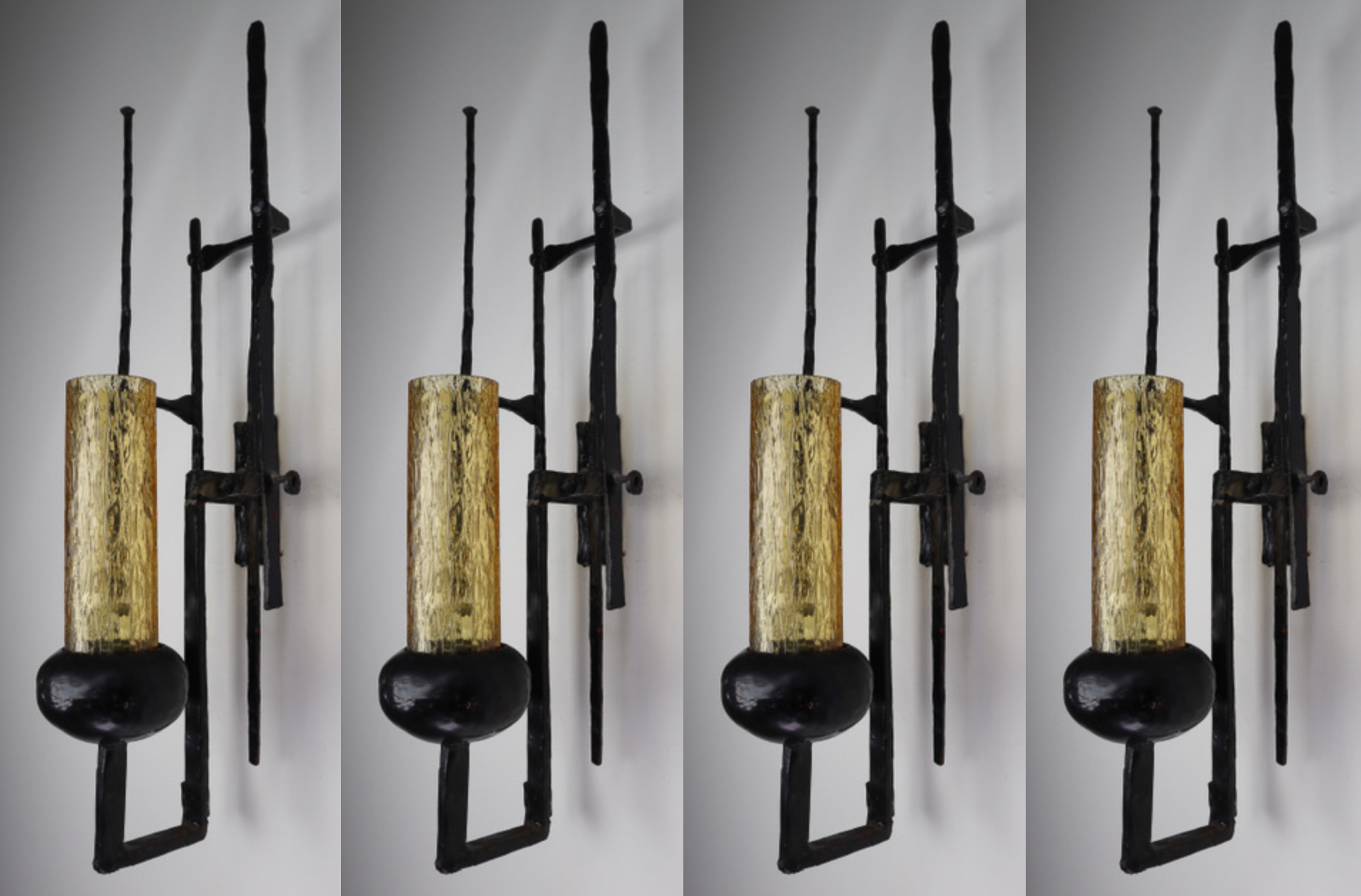 Large set Patinated Iron and Amber Color Glass Brutalist Wall lights /Sculptures Mid-20th century