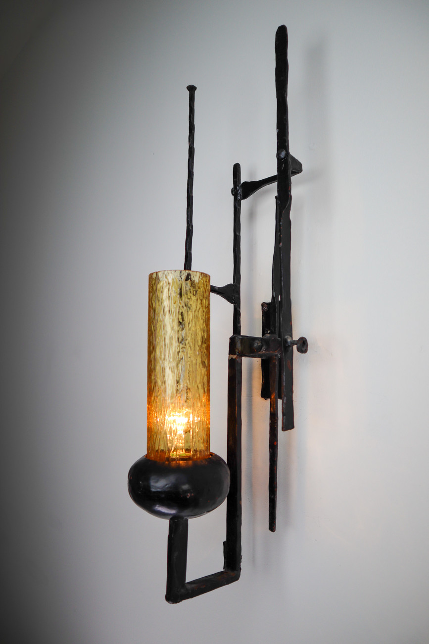 Large set Patinated Iron and Amber Color Glass Brutalist Wall lights /Sculptures Mid-20th century