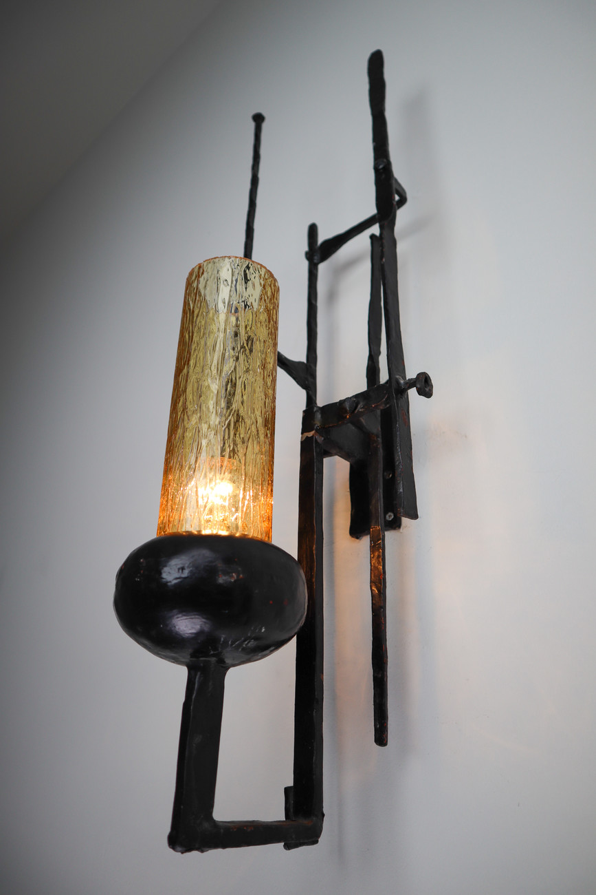 Large set Patinated Iron and Amber Color Glass Brutalist Wall lights /Sculptures Mid-20th century