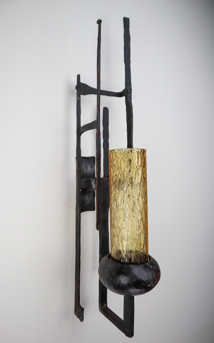 Large set Patinated Iron and Amber Color Glass Brutalist Wall lights /Sculptures Mid-20th century