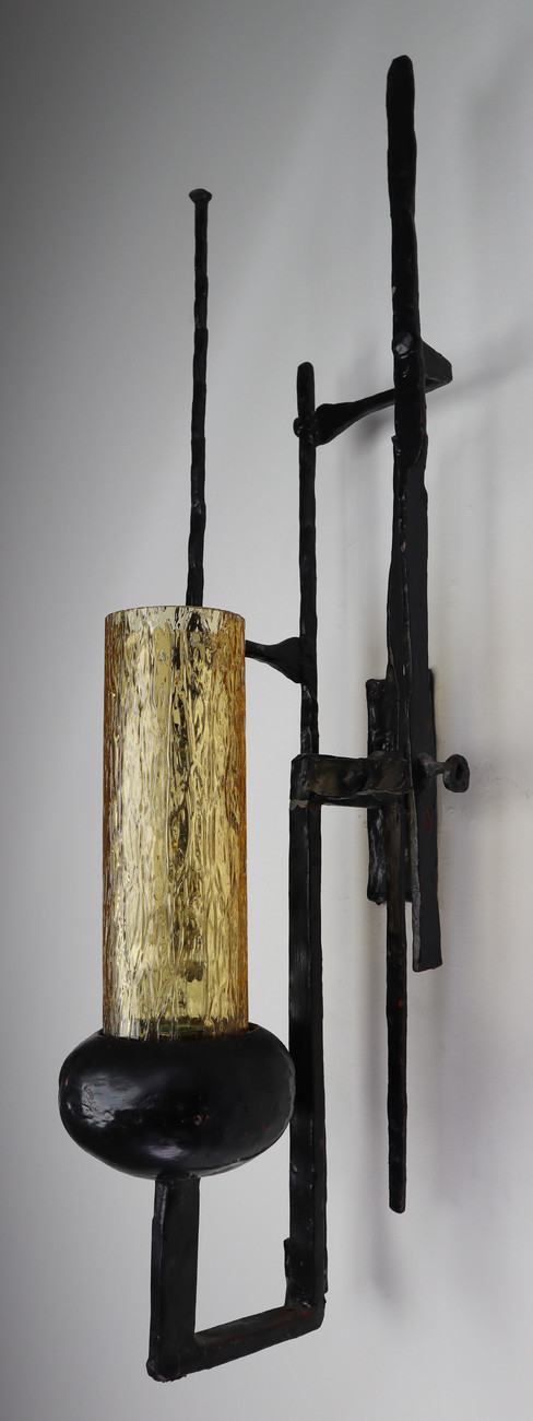 Large set Patinated Iron and Amber Color Glass Brutalist Wall lights /Sculptures Mid-20th century