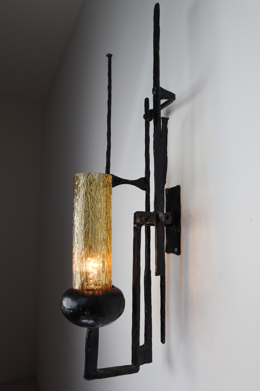 Large set Patinated Iron and Amber Color Glass Brutalist Wall lights /Sculptures Mid-20th century