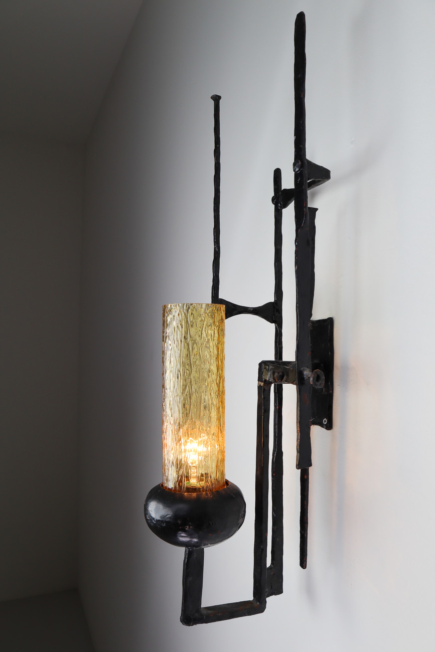 Large set Patinated Iron and Amber Color Glass Brutalist Wall lights /Sculptures Mid-20th century