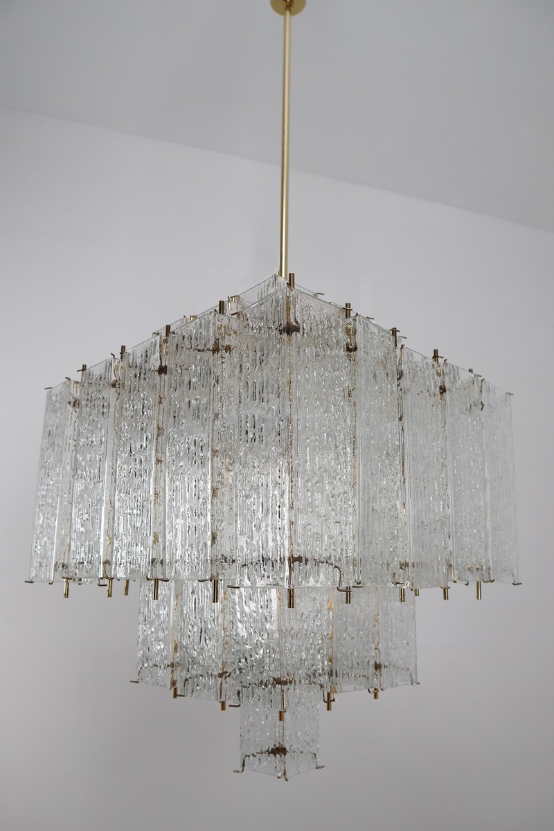 Layered Brass Glass Chandelier 1970